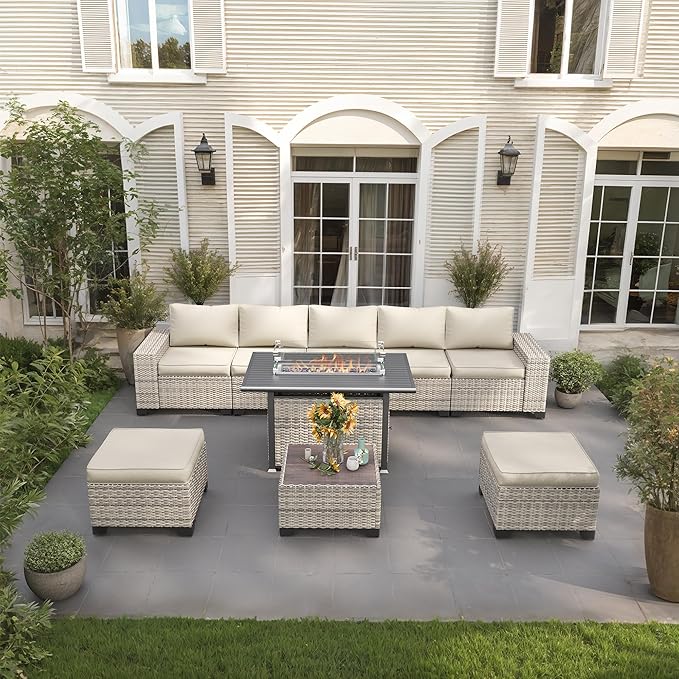 9-Piece Outdoor Patio Furniture Set with 55,000 BTU Fire Pit Table, PE Wicker Rattan Sectional Sofa Patio Conversation Set with Ottomans & Coffee Table, White