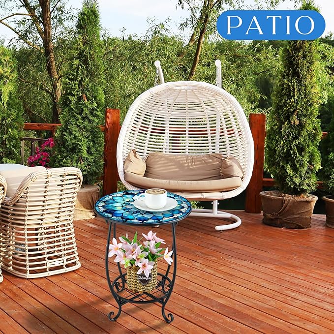 Outdoor Side Table Round Small Mosaic Patio Accent Indoor End Plant Coffee Tea Table for Yard Patio Porch Garden Living Room, Bedroom(Mandala Style,16 Inch)