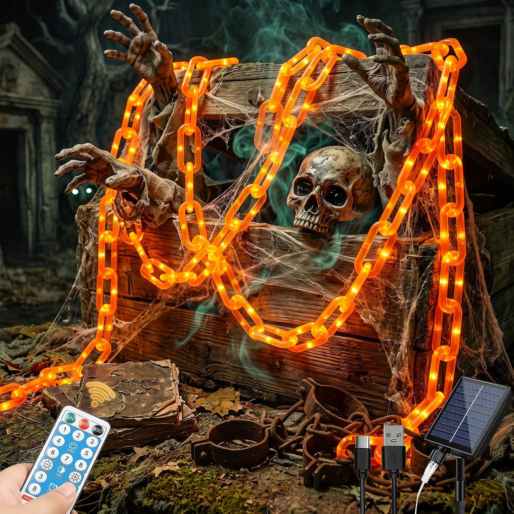 Solar Halloween Chain Lights, 10.4 FT 175 LED Orange Plastic Chain | String Lights with Remote, Waterproof Outdoor Spooky Glowing Halloween Decorations for Yard, Graveyard, Haunted House, Party