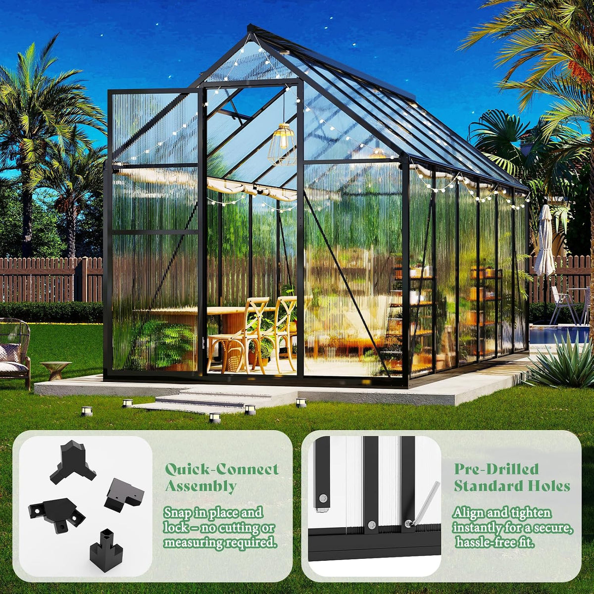 amerlife 6x12 ft walk-in polycarbonate greenhouse with 2 showing dimensions