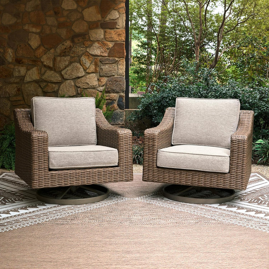 Signature Design by Ashley Outdoor Swivel Lounge Chair with Cushion, Beige | All-weather resin wicker, Powder-coated aluminum frame, Nuvella fabric, Boxed edge cushion, Carmel Bay