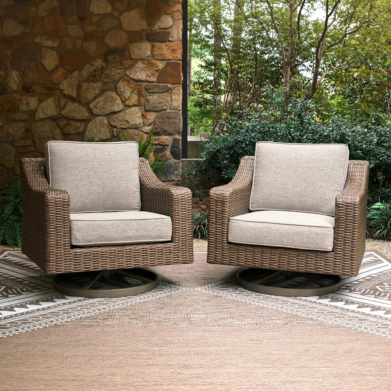 Signature Design by Ashley Outdoor Swivel Lounge Chair with Cushion, Beige | All-weather resin wicker, Powder-coated aluminum frame, Nuvella fabric, Boxed edge cushion, Carmel Bay