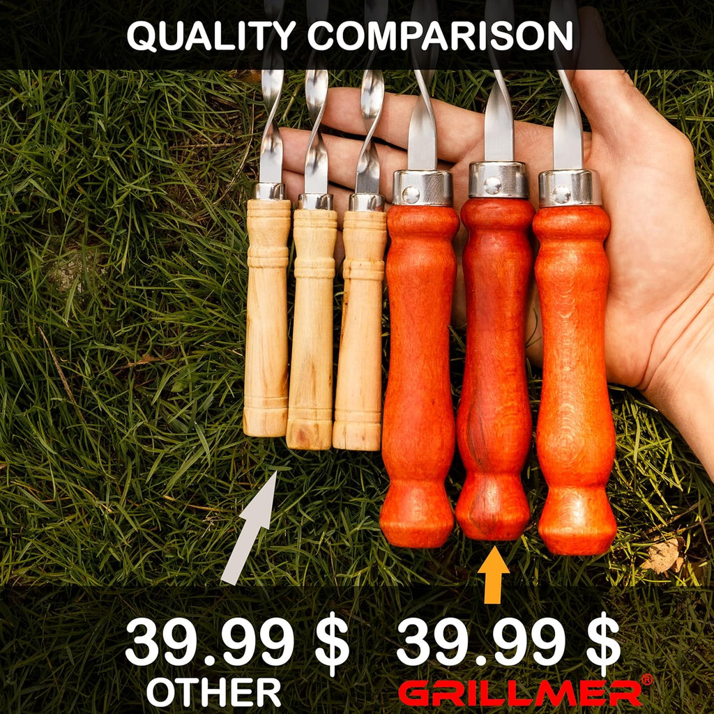 Premium BBQ Skewers with Wooden Handles 22" Shish Kabob Skewers Stainless Steel Long & Reusable Kabob Sticks Barbecue Skewers for Grilling Set of 10 Piece