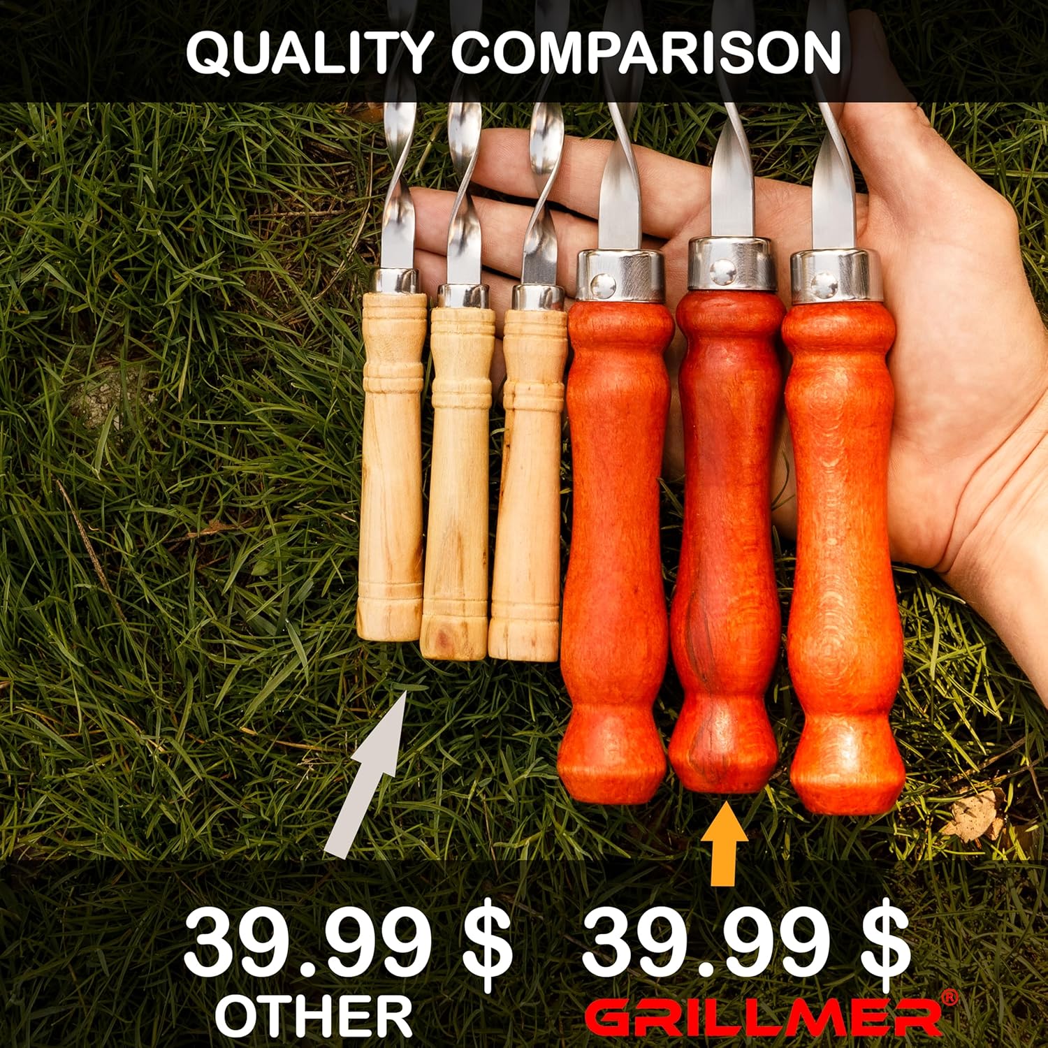 Premium BBQ Skewers with Wooden Handles 22" Shish Kabob Skewers Stainless Steel Long & Reusable Kabob Sticks Barbecue Skewers for Grilling Set of 10 Piece