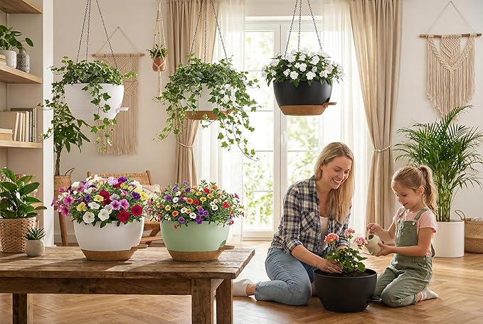 Hanging Planters, 3-Pack 10 Inch Self-Watering Pots with Drainage Holes and Chains, Matte Plastic Planters for Indoor/Outdoor Plant（Black Brown）