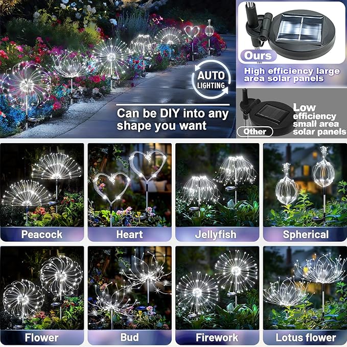 Anordsem Solar Fireworks Lights Outdoor: Garden Light Waterproof for Yard Outside - LED Starburst White Lighting Patio Path Decor 8 Pack - Gardening Gifts for Women Mom Homeowner