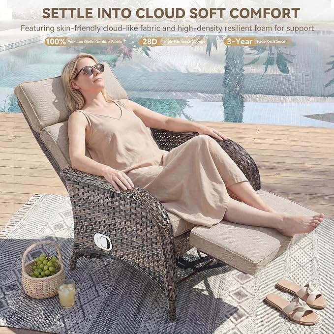 Zero Gravity Wicker Patio Recliner Chairs Set of 2 - Wicker Outdoor Lounge Chair with Adjustable Backrest & Footrest, All Weather Outdoor Reclining Chairs with Thick Cushion for Pool Deck Beige