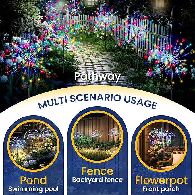 GIGALUMI Garden Decor Outdoor Lights 120LED 8Pack, Solar Garden Lights for Christmas Outside Fairy Firework Decorative,Solar Powered for Yard Pathway Flowerbed Planter Balcony Patio Decor (Multicolar