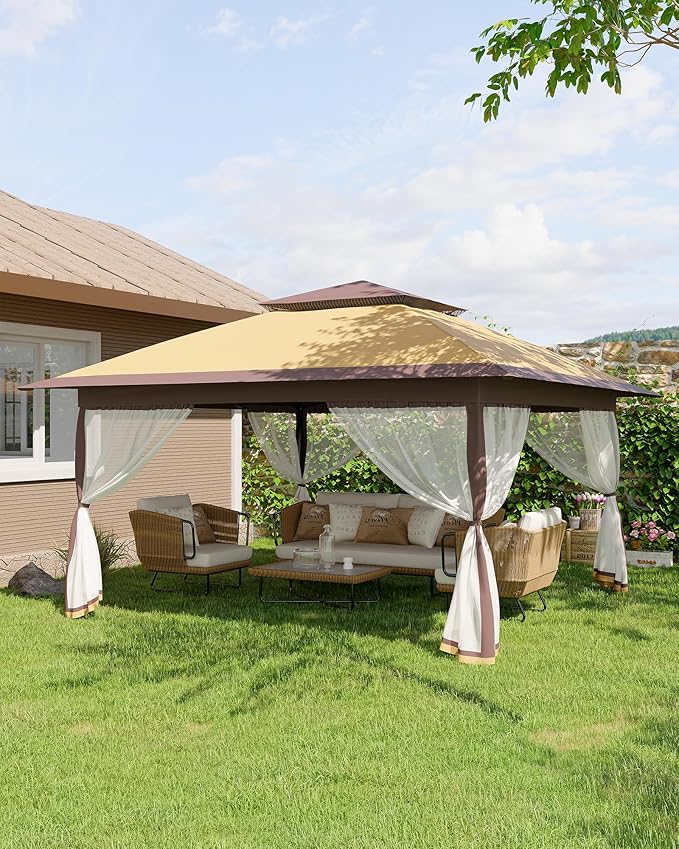 Canopy Tent 13x13 ft, Pop Up Gazebo One-Push Setup with 4 SandBags for Backyard Parties and BBQs, Mosquito Netting & Height Adjustable - Khaki & Coffee
