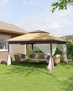 Canopy Tent 13x13 ft, Pop Up Gazebo One-Push Setup with 4 SandBags for Backyard Parties and BBQs, Mosquito Netting & Height Adjustable - Khaki & Coffee
