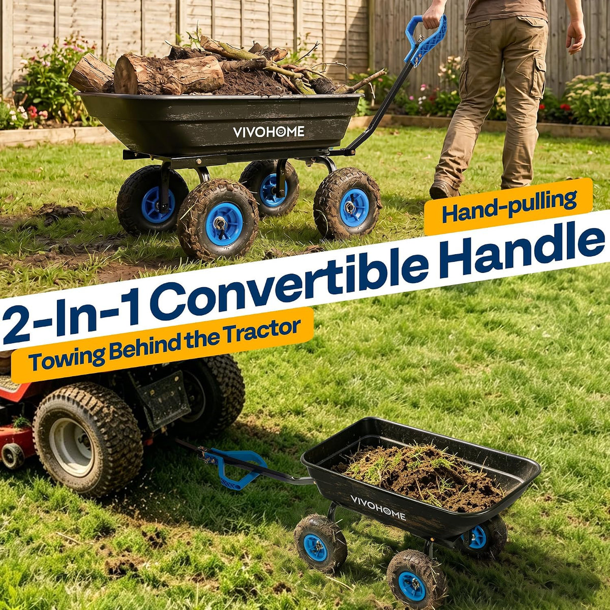 vivohome 660lbs wheelbarrow dump garden cart with 2-in-1 shown in use