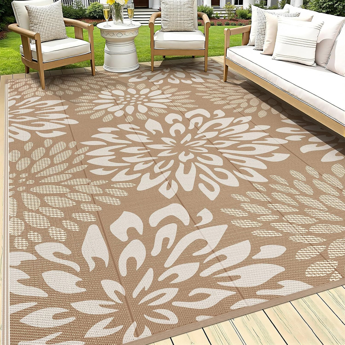 hebe waterproof outdoor rug 9'x12', floral reversible plastic, main product view