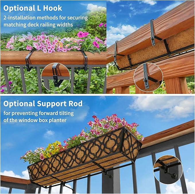 Y&M 4pcs 30" Horse Trough Window Boxes with Coconut Coir Liner, Black Metal Hanging Flower Planter Deck Railing Planter Boxes for Outdoor Indoor