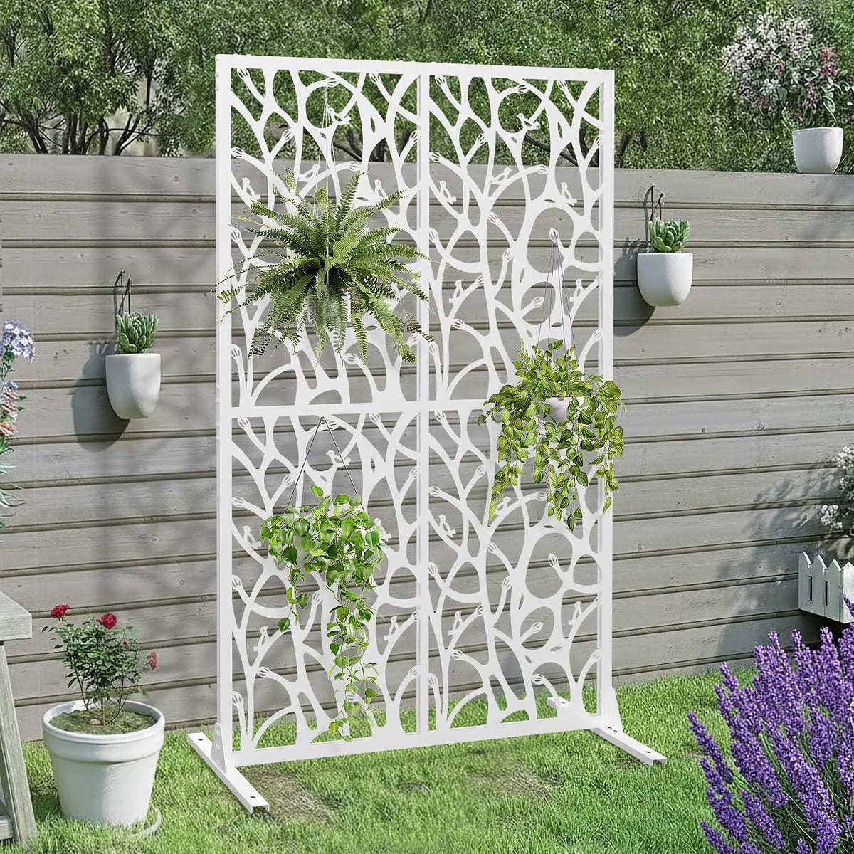 72" metal privacy screen bird pattern, white freestanding, main product view