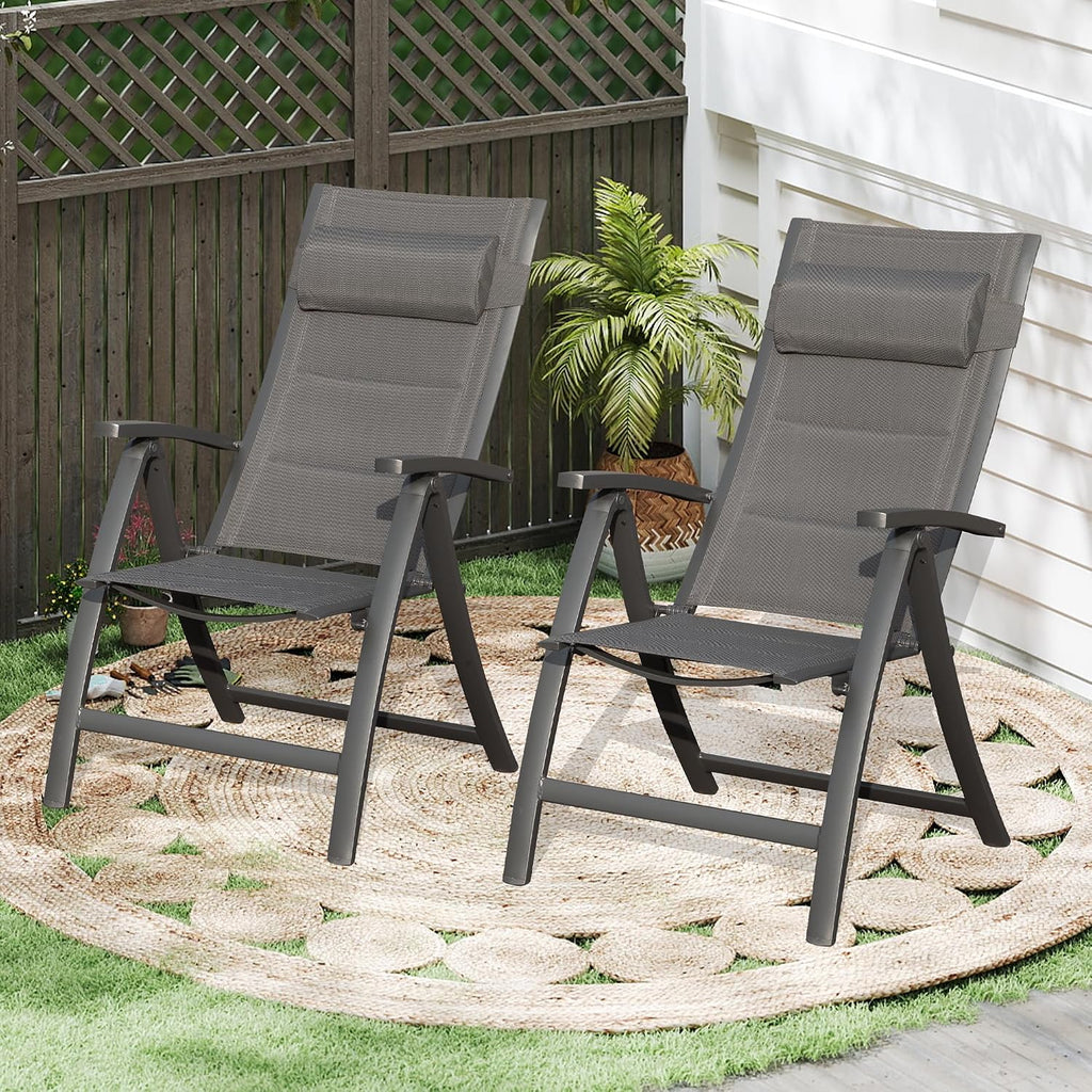 Domi Patio Folding Chairs Set of 2, Outdoor Reclining Chairs Set with Moveable Headrest, Aluminum Frame Outdoor Portable Chairs with Adjustable High Backrest and Padded Textilene Fabric Seat