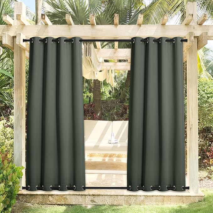 NICETOWN Outdoor Curtains 2 Panels Bottom Weighted for Patio Waterproof, Grommet Thermal Insulated Fixed Windproof Blackout Outdoor Curtains Privacy for Pergola, W52 x L95, Greyish Green