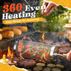 Rolling Grill Basket 2-Pack,304 Stainless Steel Grill Basket with Removable Wooden Handle,BBQ Tool & Smoker Accessory for Grill Rotisseries Veg & Shrimp,Ideal for Outdoor Cooking,Camping & Gifts for Dad/Husband/Men
