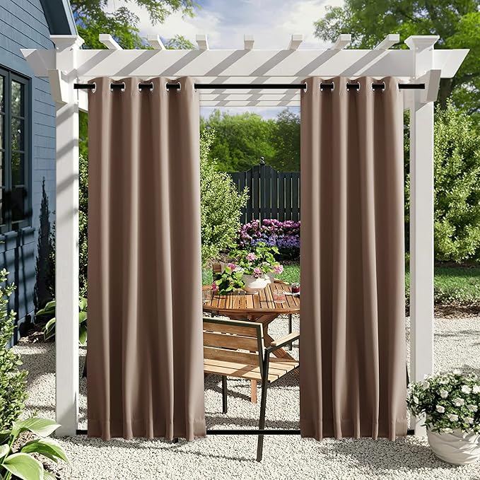 NICETOWN 2 Panels Blackout Patio Waterproof Outdoor Curtains, Insulated Top & Bottom Grommet & Back Tab Windproof Room Darkening Drapes Privacy for Pergola with Fixed Ropes, W46 x L72, Tan-Khaki