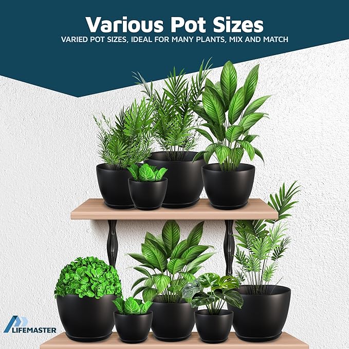 Lifemaster Plant Pots with Multi Drainage Holes - 10 Pieces Versatile, Sturdy Plastic, Stackable Design Home Decor Flower Pots for Indoor and Outdoor Gardening - Black
