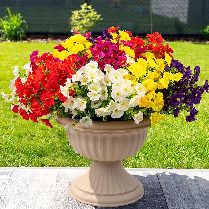 20PCS Artificial Fake Flowers for Outdoors/Indoors, Faux Silk Colorful Morning Glory with Eucalyptus, UV Resistant Realistic Floral Arrangement for Garden Porch Window Box Home Balcony Yard (5 Colors)
