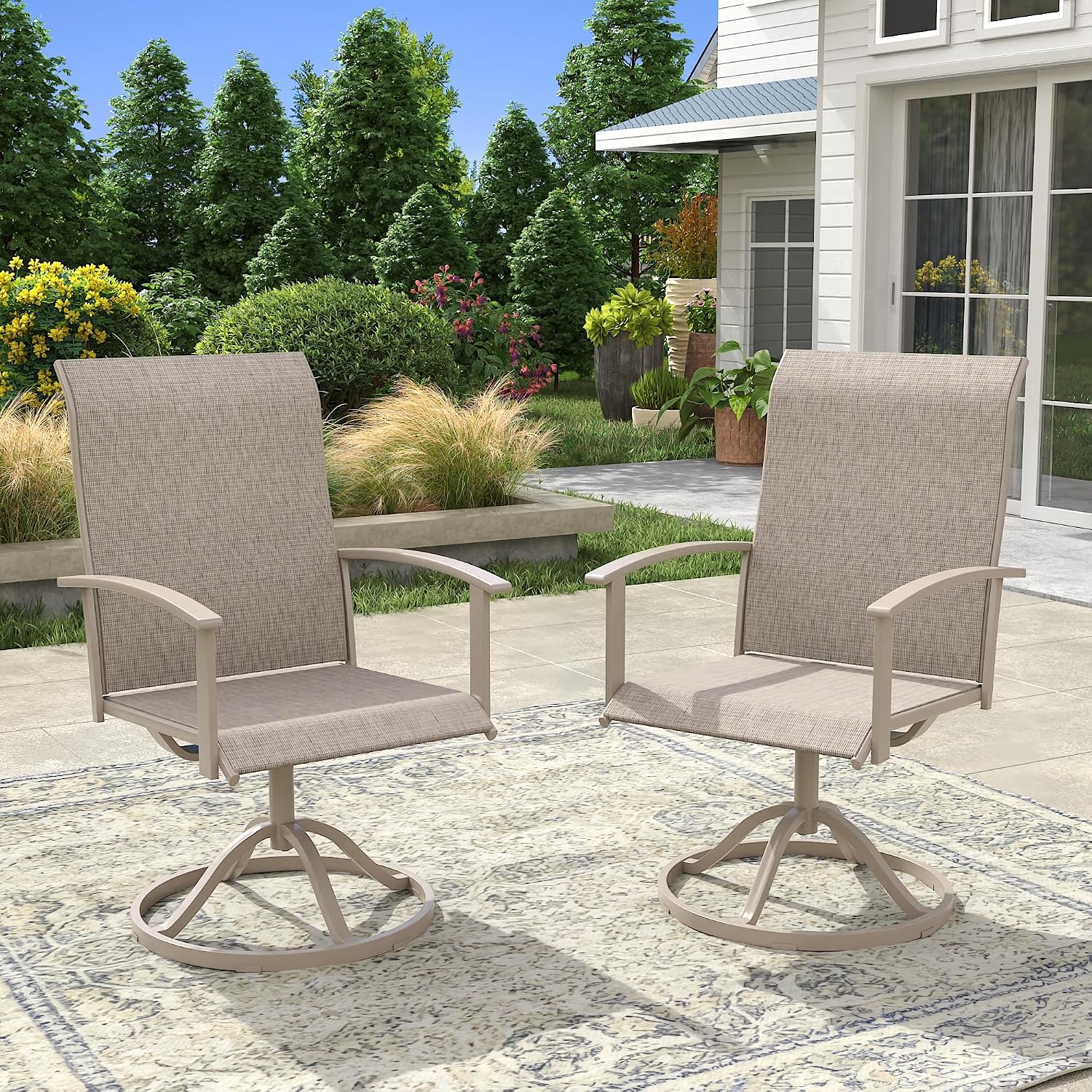 VICLLAX Patio Swivel Chairs Set of 2, Outdoor Dining Chairs with Textilene Breathable Fabric and Seat & Metal Frame Patio Sling Chairs for Backyard Deck Lawn Garden, Sandshell