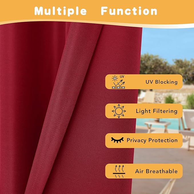 HolidayIdeas Red Outdoor Curtains for Patio Waterproof, 2 Panels - 54 x 120 Inch - Privacy Protection & Light Filtering Curtains Grommet Outside Curtains for Porch, Gazebo, Pergola, Backyard