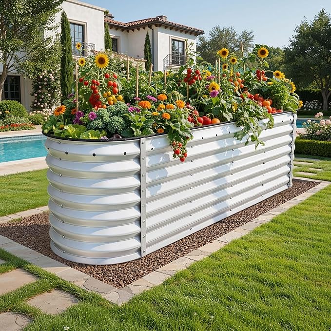 YITAHOME 24" Tall 9 in 1 Large Raised Garden Bed Kit, 8x2x2ft Galvanized Metal Planter Box with Gloves and Safety Rubber, Outdoor Above Ground Planters for Plants Vegetables Flowers, Silver