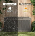 JUMMICO 100 Gallon Resin Deck Box with Cushion, Waterproof Outdoor Storage Box with Lockable Lid for Garden Tools, Patio Cushions (Light Brown)
