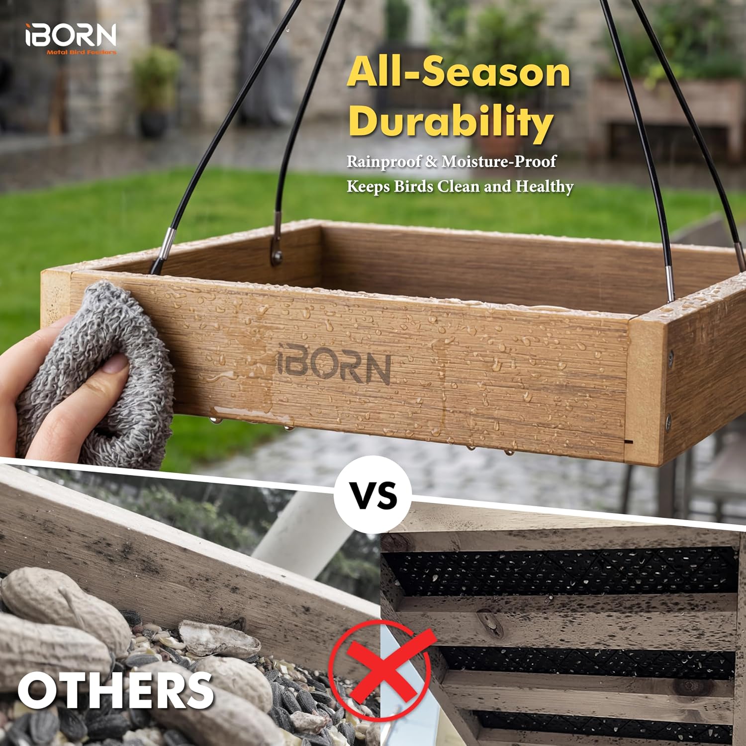 iBorn Platform Bird Feeder Tray Bird Feeders for Outdoors Hanging for Outside Flat Birdfeeder Tray with Large Capacity 3LBS, WPC Recycled Plastic & Cedar Look, Waterproof, 10.6"x10.6", Raw