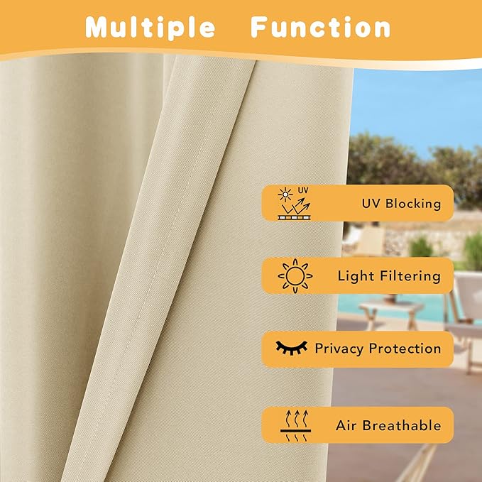 HolidayIdeas Outdoor Curtains for Patio Waterproof, 2 Panels - 84 x 84 Inch - Privacy Protection & Light Filtering Curtains Grommet Outside Curtains for Porch, Gazebo, Pergola, Backyard (Cream)