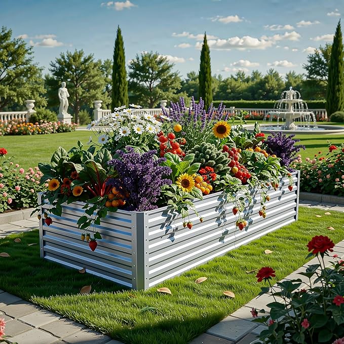 YITAHOME 6x3x2ft Large Raised Garden Bed Kit, Galvanized Metal Planter Box with Gloves, Ground Nails, Support Rod, Outdoor Above Ground Planters for Plants Vegetables Flowers, Silver