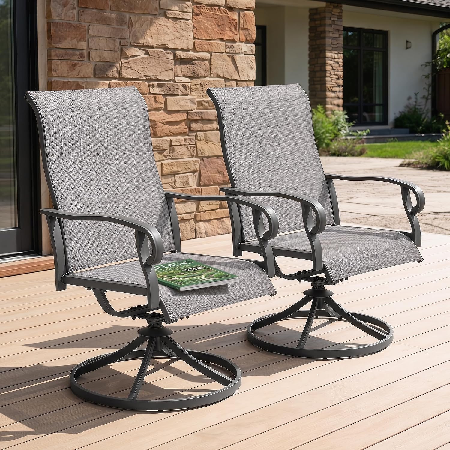 NUU GARDEN 2-Piece Patio Swivel Chairs, Swivel Dining Set, Light Gray | All-weather light gray textilene chairs for 2 Features 360-degree rotation and 15-degree rocking. High backrest for comfort