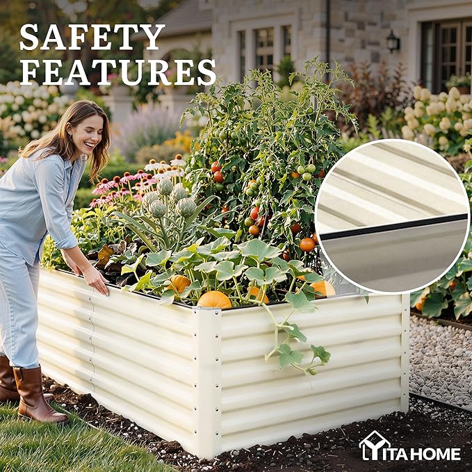 YITAHOME 8x4x2ft Large Raised Garden Bed Kit, Galvanized Metal Planter Box with Gloves, Support Rod & Safety Rubber, Outdoor Above Ground Planters for Plants Vegetables Flowers, Cream Yellow