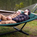 SUNCREAT Hammocks Extra Large Double Hammock with 12 ft Stand for Outside, 475lbs Capacity, Outdoor Portable Hammock with Hardwood Spreader Bar, Extra Large Pillow, Dark Green