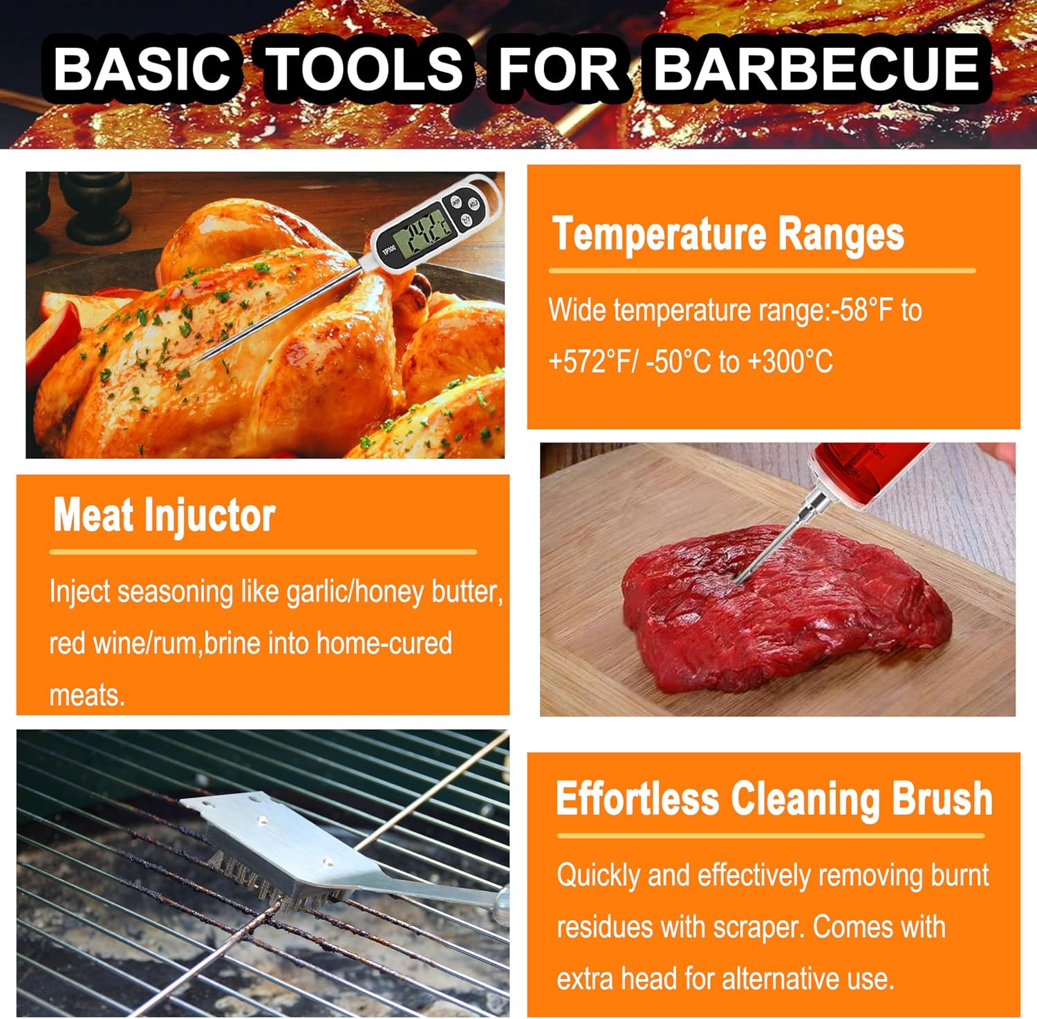 grilljoy 24PCS BBQ Grill Tools Set with Meat Thermometer and Injector - Extra Thick Stainless Steel Fork, Spatula& Tongs - Complete BBQ Accessories in - Perfect Grill Gifts for Father's Day