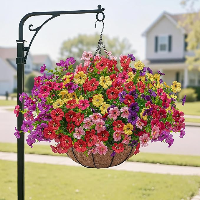 2 Set Artificial Faux Hanging Plants Flowers Basket for Outdoors Spring Summer Decoration, 2 Hanging Planters with 24pcs Fake Silk Flowers UV Resistant for Outside Porch Patio Garden Home 6 Multicolor