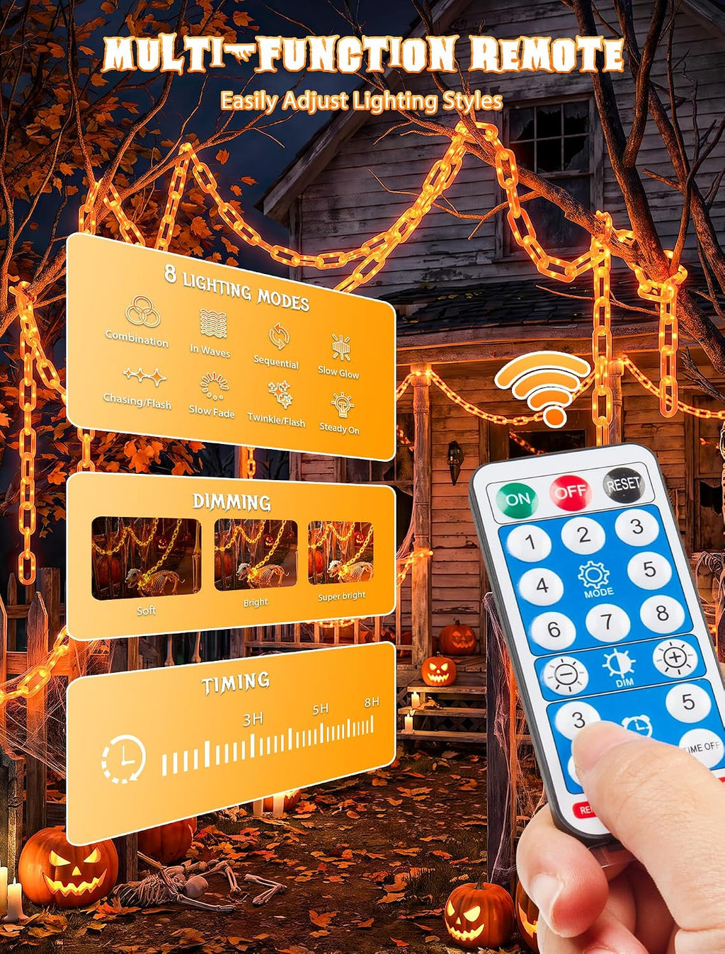 Solar Halloween Chain Lights, 10.4 FT 175 LED Orange Plastic Chain | String Lights with Remote, Waterproof Outdoor Spooky Glowing Halloween Decorations for Yard, Graveyard, Haunted House, Party