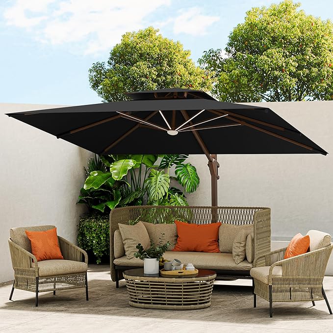 10 X 13 FT Cantilever Outdoor Patio Umbrella with Base Included Large Heavy Duty 360° Rotation Double Top Offset Rectangular Umbrellas with Led Lights for Backyard Outside Deck, Black