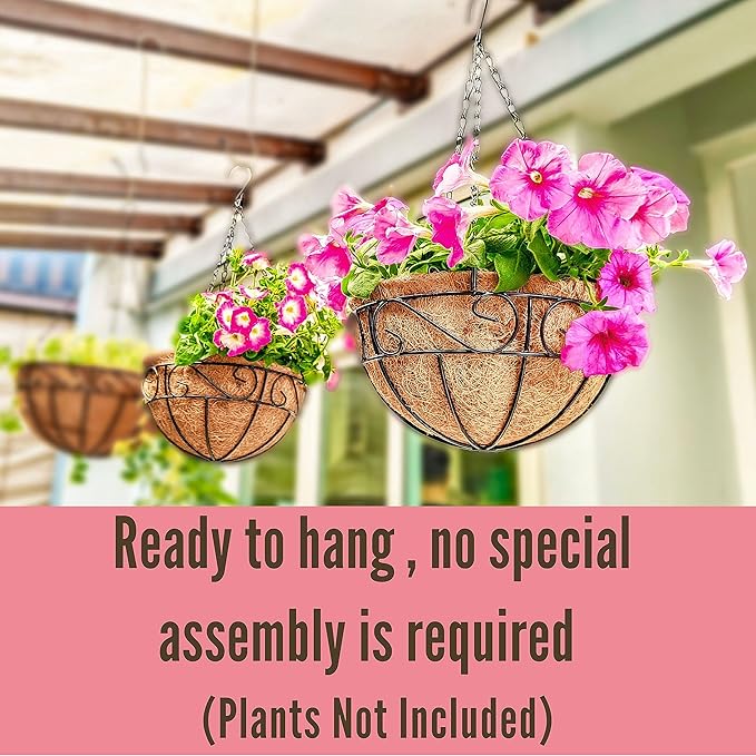 LaLaGreen Hanging Planter for Outdoor Plants (10 Inch, 2 Pack) Hanging Baskets with Coco Liner, Black Metal Wire Flower Basket Pots with Hook Hanger Balcony Porch Farmhouse Country Style Garden Decor