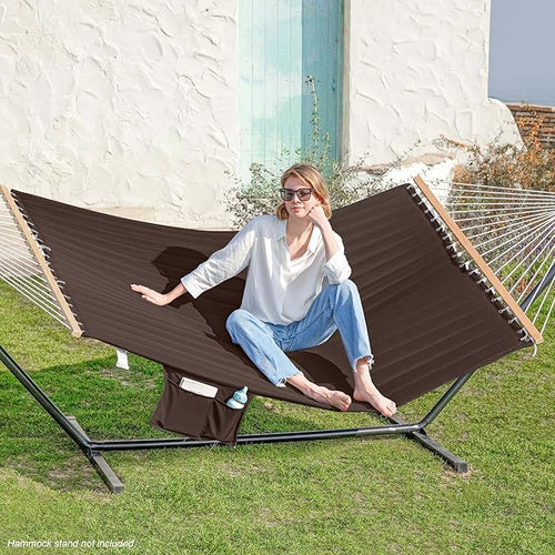 2 Person 12FT Hammocks for Outside, Double Quilted Fabric Outdoor Hammock with Spreader Bar, Large Removable Pillow, Storage Pockets, Carabiners, Max 475 lbs Capacity (Coffee)