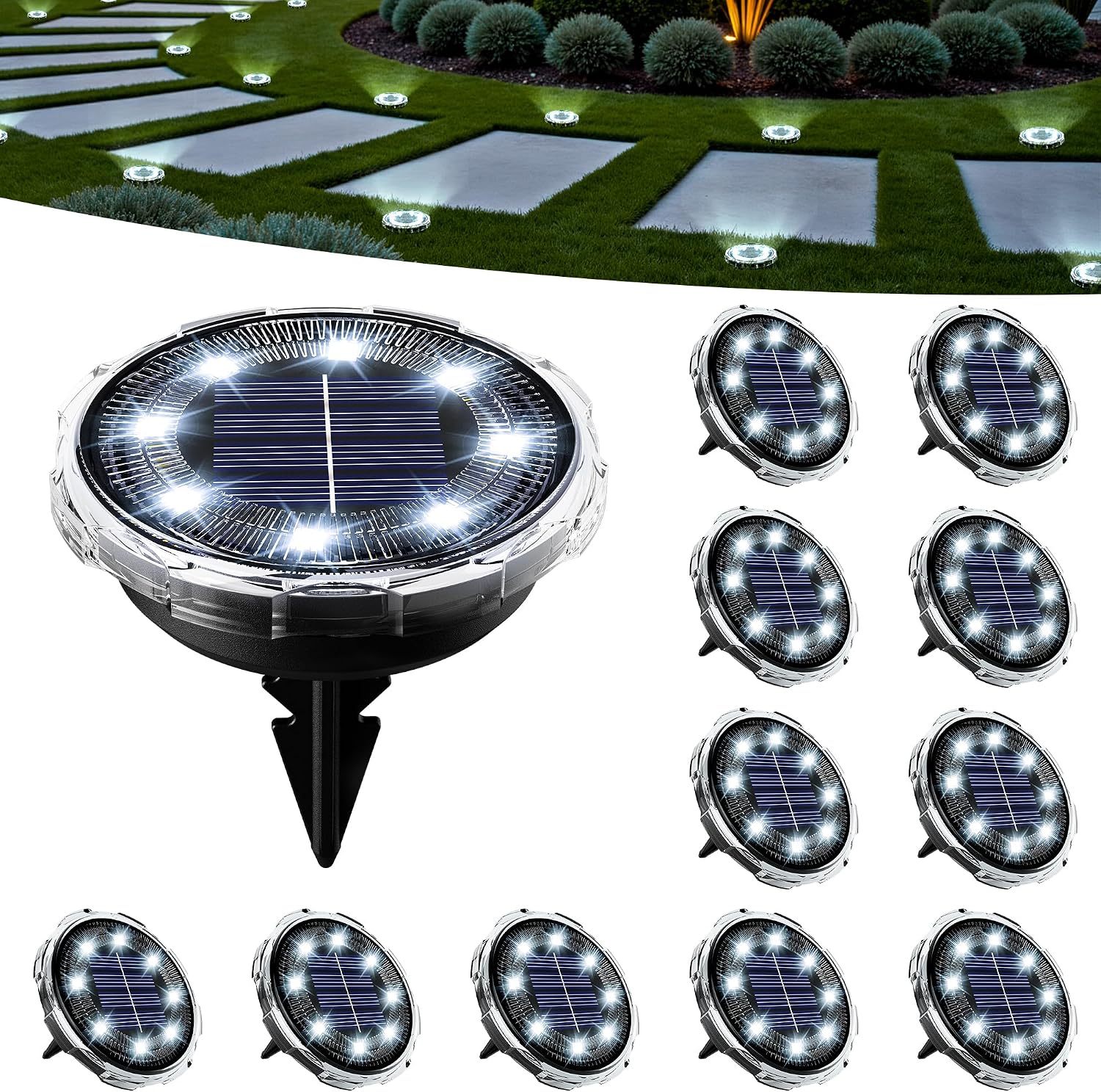 SOLPEX Solar Ground Lights Outdoor, Pathway Lights 12 Pack Cool White | IP65 Waterproof Landscape Lighting for Walkway, Driveway, Pathway, Garden, Backyard Decor- Transparent Lampshade