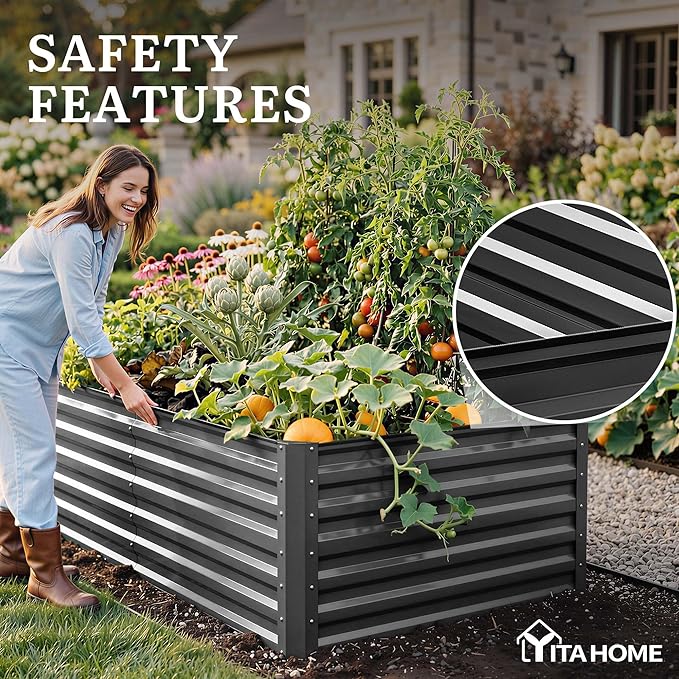 YITAHOME 6pcs 8x4x2 ft Galvanized Raised Garden Bed Kit, Large Metal Planter Box with Gloves, Safety Rubber & Support Rod, Outdoor Flower Bed for Plants Vegetables, Black