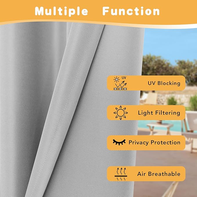HolidayIdeas Extra Wide Outdoor Curtains for Patio Waterproof, 2 Panels - 110 x 95 Inch - Privacy & Light Filtering Curtains Grommet Outside Curtains for Porch, Gazebo, Pergola, Backyard (Silver)