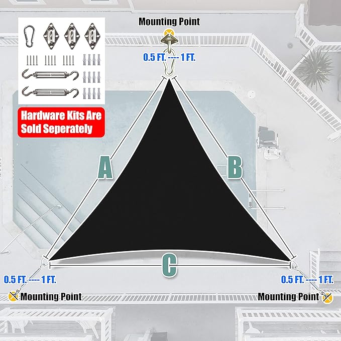 Amgo Custom Size 17' x 17' x 17' Black Triangle Sun Shade Sail Order to Make Canopy Awning UPF50+ AGSLT, 95% UV Blockage, Water & Air Permeable, 200GSM Commercial Standard (We Customize)