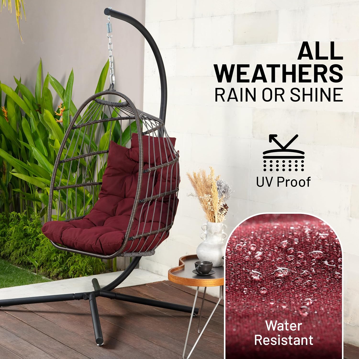 SereneLife Hanging Egg Chair w/Stand - Wicker Rattan Swing, Padded Cushion | Foldable Design, Weather-Resistant Cushion & Padded Headrest Included, 350 lb Capacity, Great for Patio, Backyard & Bedroom.