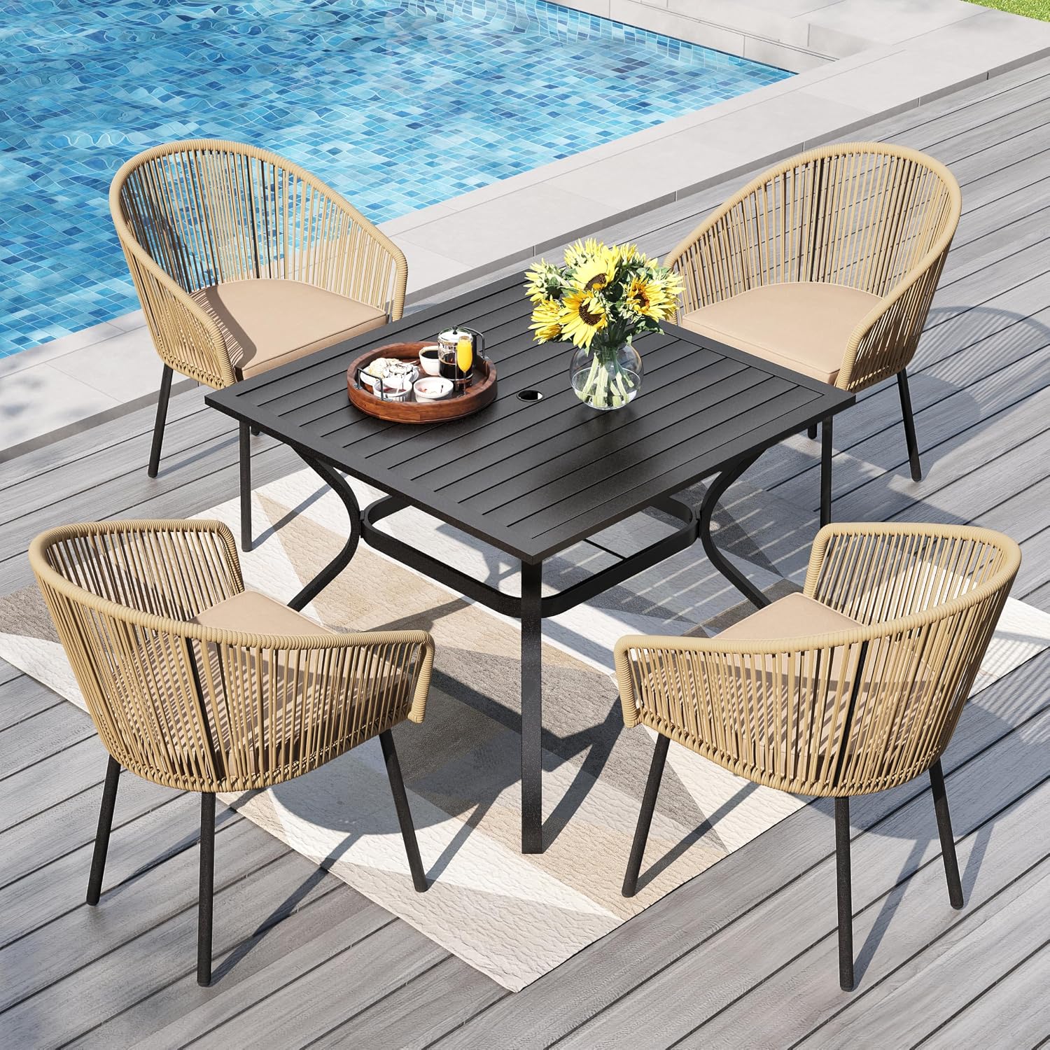 PHI VILLA Wicker Patio Dining Chairs Set of 4 Rope Rattan Chairs | Outdoor Modern Brown Rope Rattan Chairs with Metal Legs & Cushions, Outside Dining Chairs for Deck, Porch, Backyard