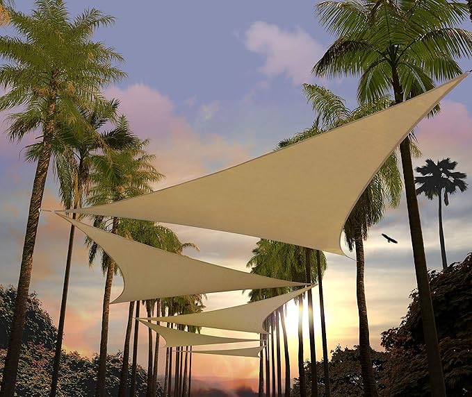 Amgo 14' x 14' x 14' Sand Beige Triangle Sun Shade Sail UPF50+ Canopy Awning AGSLT, 95% UV Blockage, Water & Air Permeable, 200GSM Heavy Duty Commercial and Residential (We Make Custom Sizes)