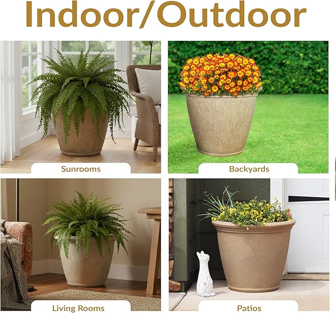 Sunnydaze 24-Inch Anjelica Large Plastic Pot for Plants - Outdoor Double-Walled Large Plastic Planter with Drillable Drainage Holes - Beige