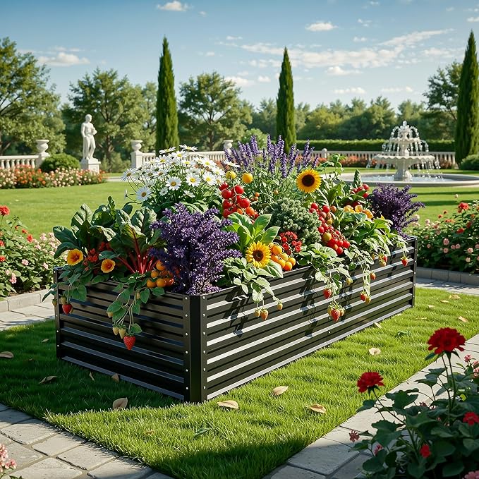 YITAHOME 6pcs 6x3x2 ft Galvanized Raised Garden Bed Kit, Large Metal Planter Box with Gloves & Support Rod, Outdoor Flower Bed for Plants Vegetables, Black