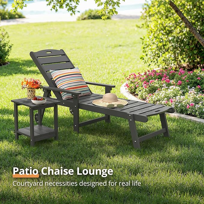 LUE BONA Chaise Lounge Chair with Table, 2-Piece, HDPS Chaise Lounger, 5 Positions Adjustable Lounge Chairs, Pool Lounge Chair with Wheels for Poolside, Backyard, Dark Gray